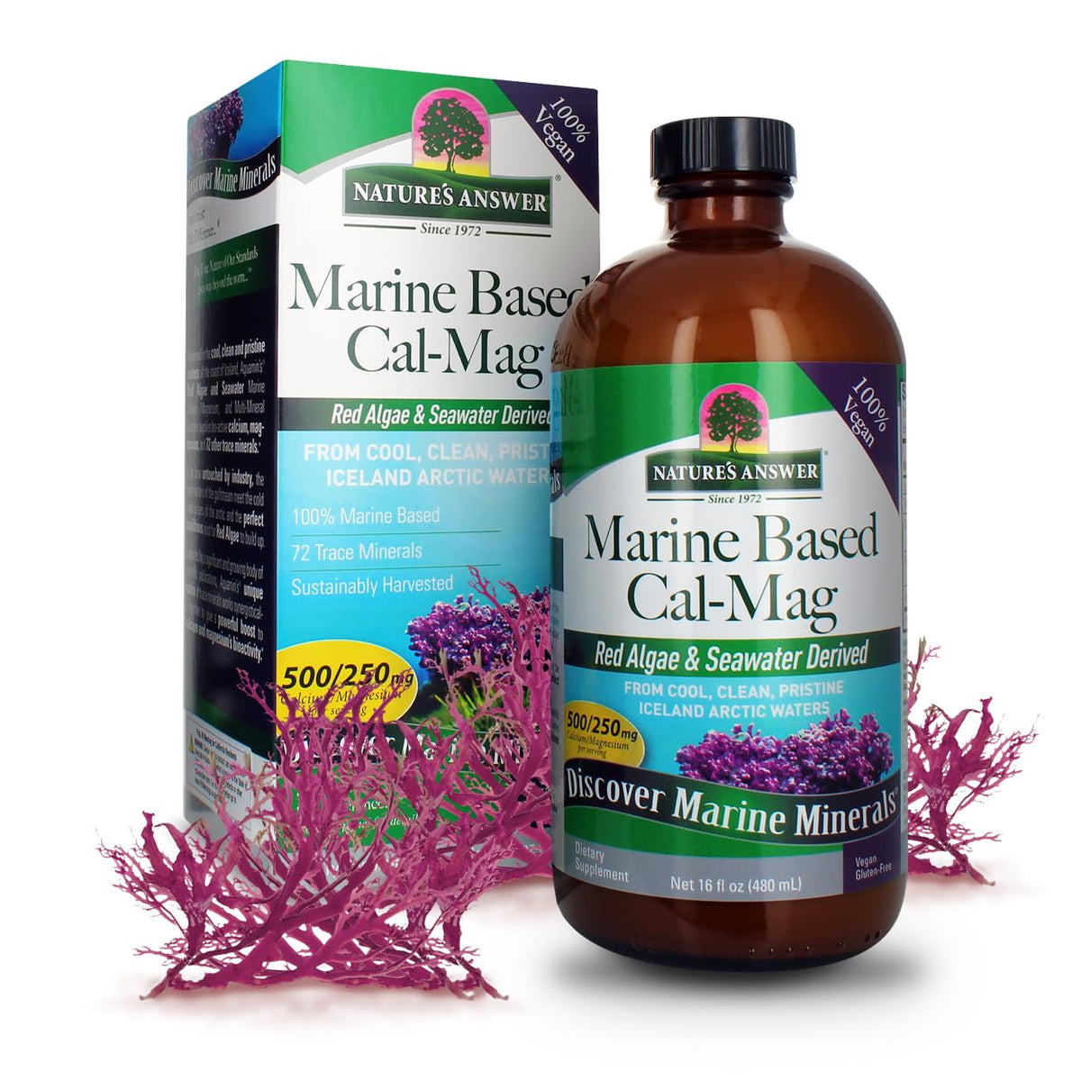 Nature's Answer envase frontal mostrando la botella y beneficios de minerales marinos