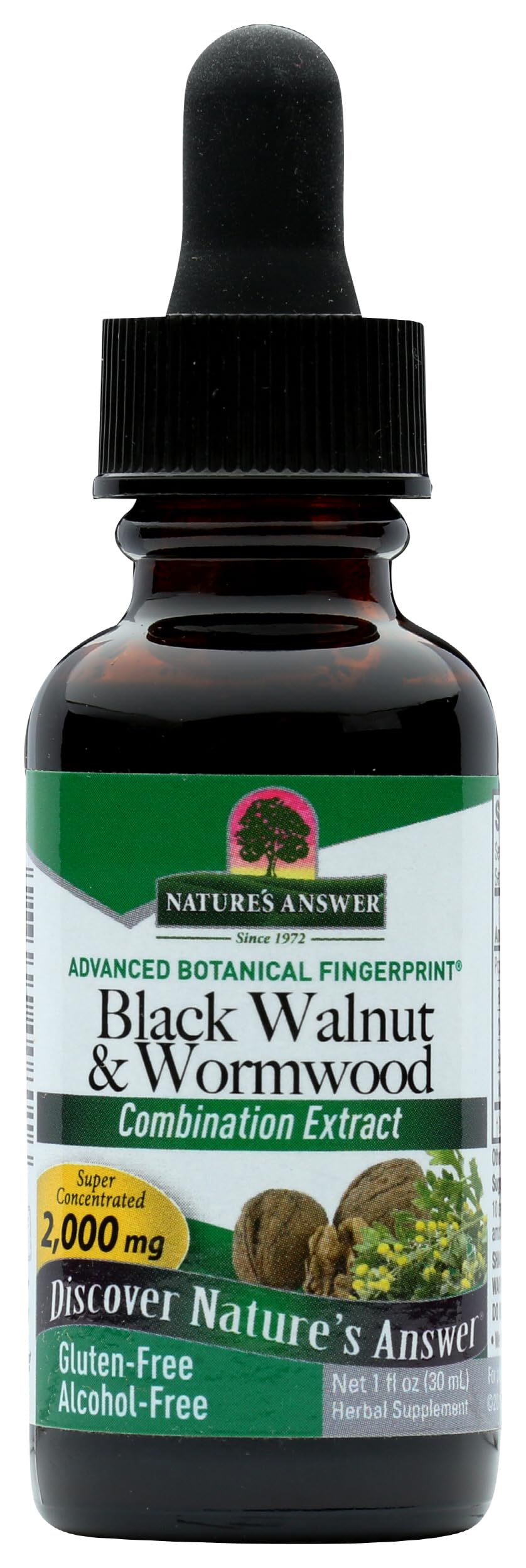 Nature's Answer frasco frontal mostrando la etiqueta y beneficios
