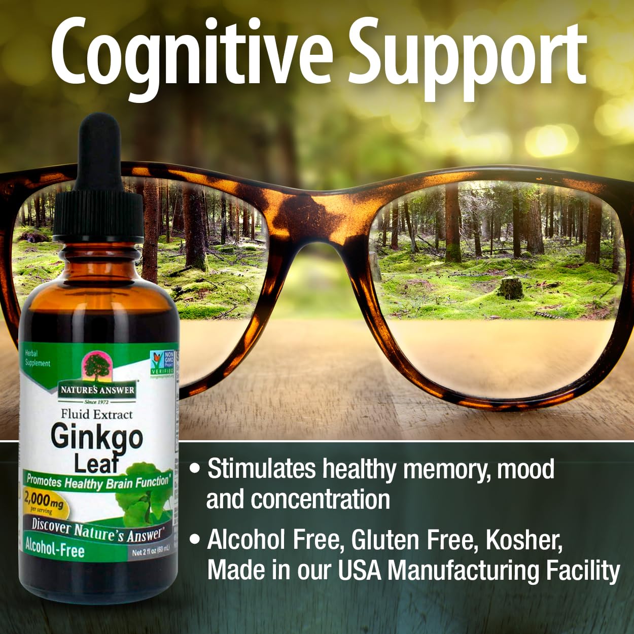 Nature's Answer etiqueta con ingredientes y certificaciones visibles
