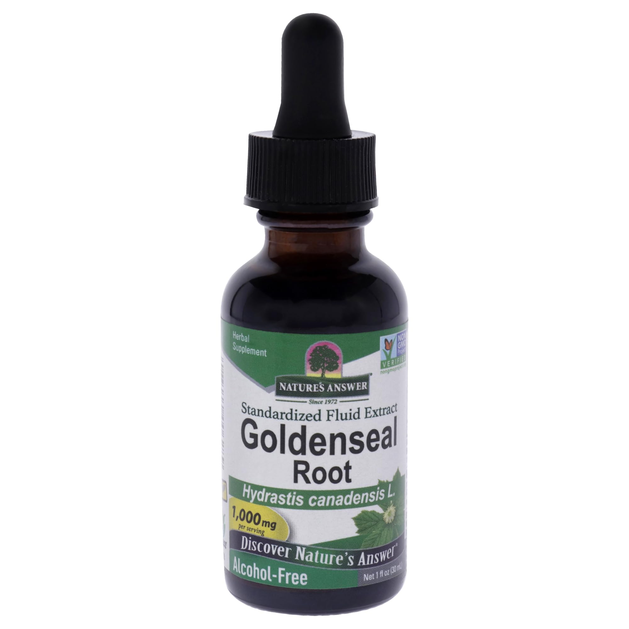 Nature's Answer frasco frontal de Goldenseal Root sin alcohol, muestra presentación y beneficios