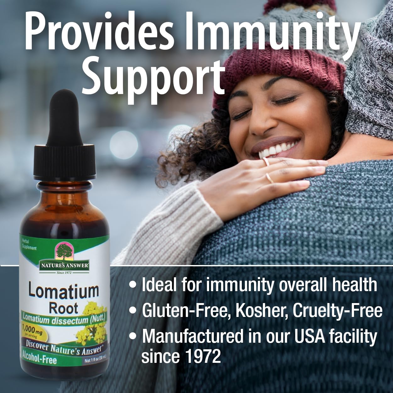 Nature's Answer acercamiento a la etiqueta con información de extracto 1:1 y sin alcohol
