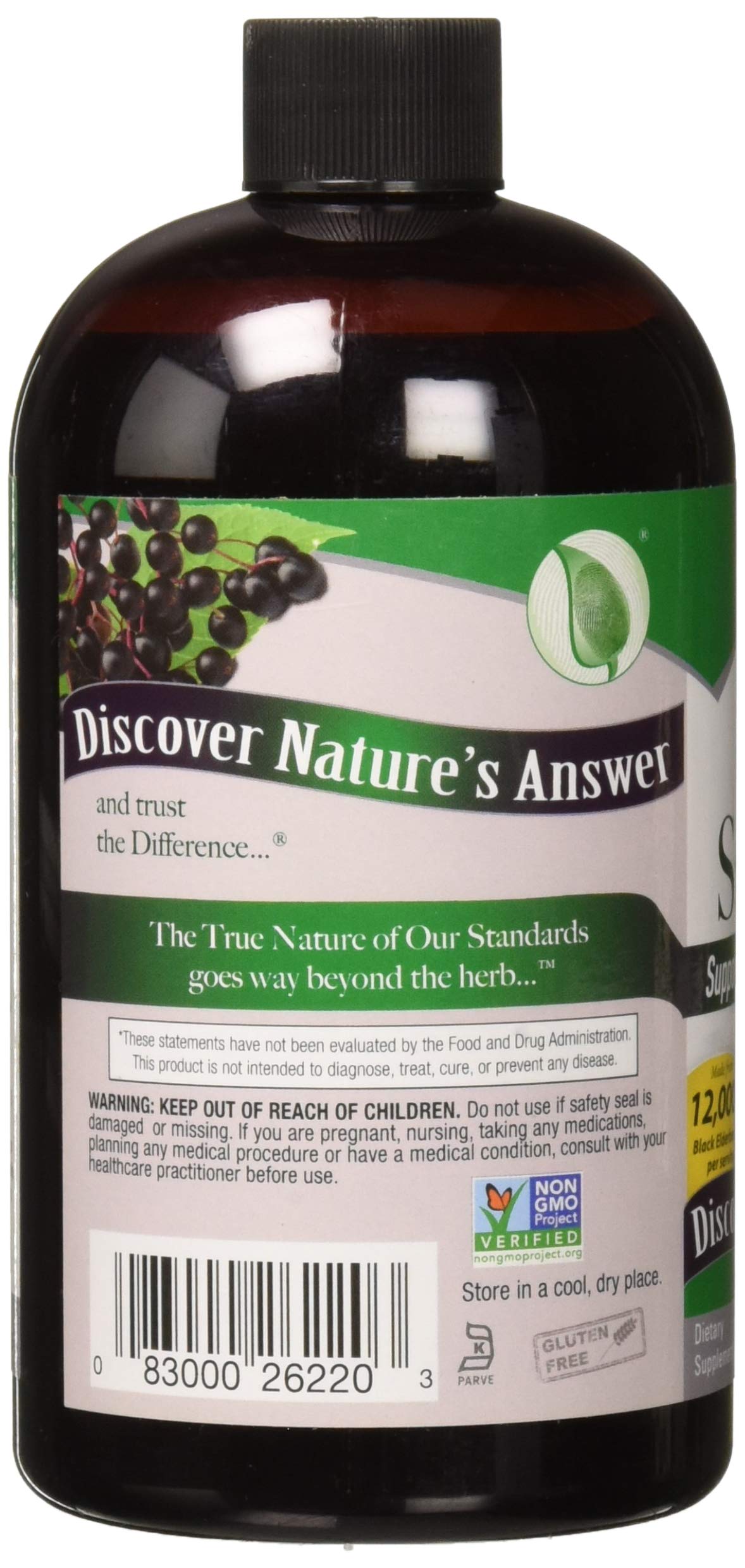 Nature's Answer etiqueta legible indicando sin alcohol y vegan