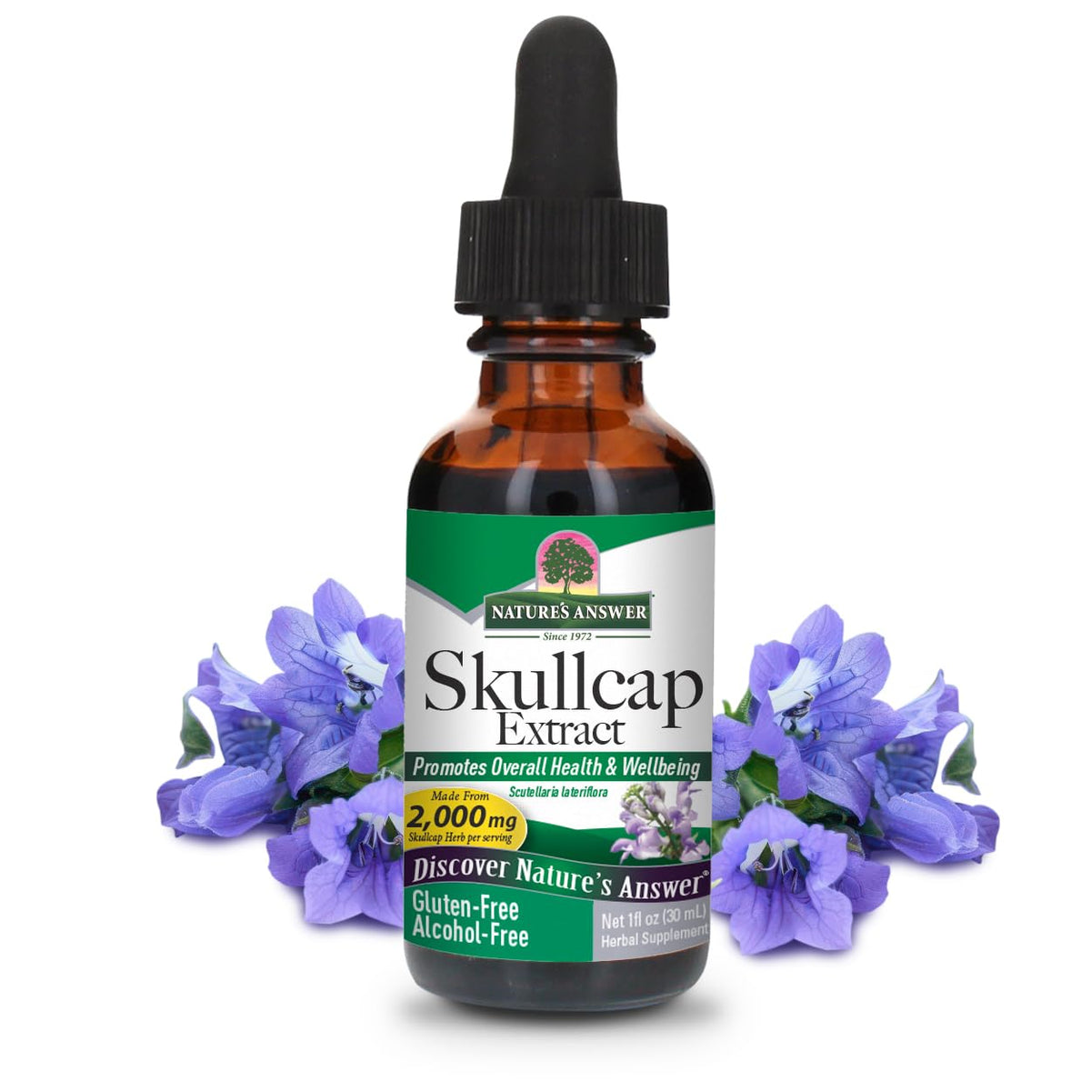 Nature's Answer frasco frontal de skullcap sin alcohol muestra tamaño y marca