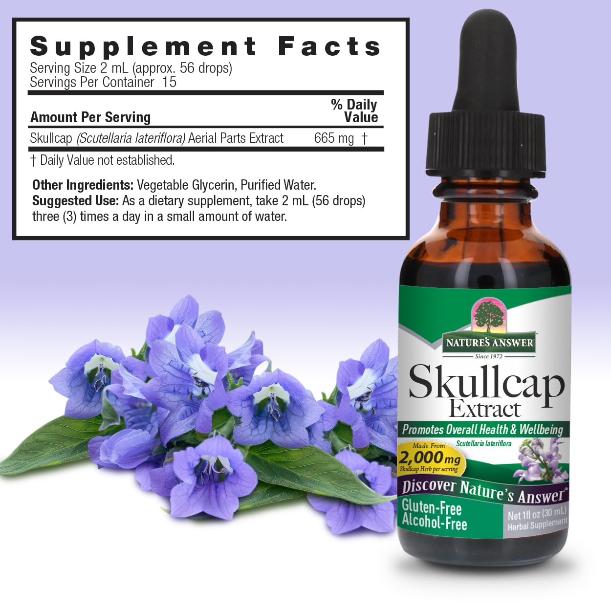 Nature's Answer gota de extracto de skullcap en primer plano mostrando textura