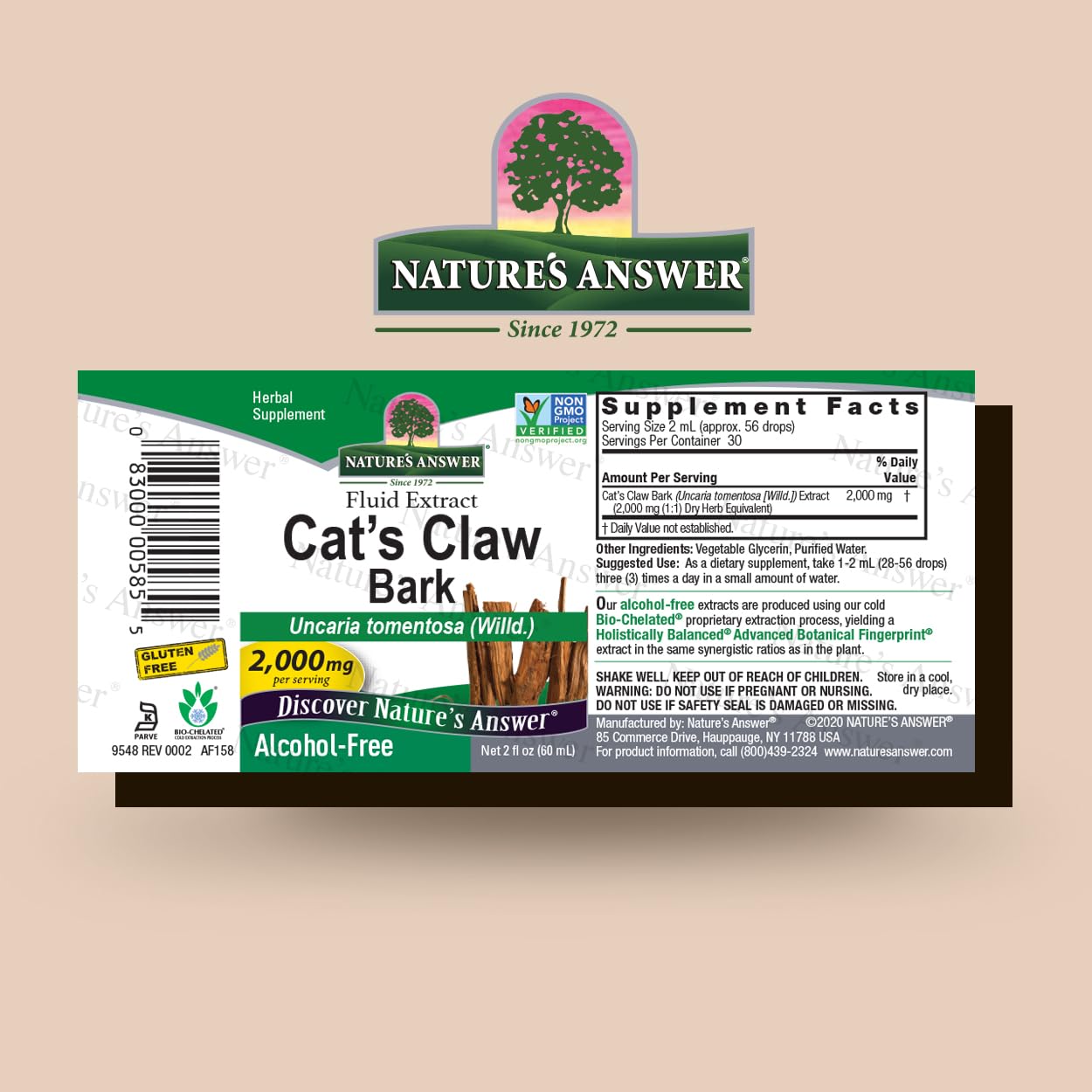 Nature's Answer etiqueta en primer plano con información de ingredientes y sin alcohol