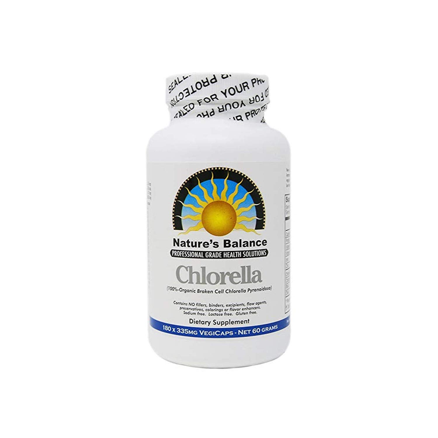 Nature's Balance envase frontal de chlorella mostrando 180 cápsulas y beneficios