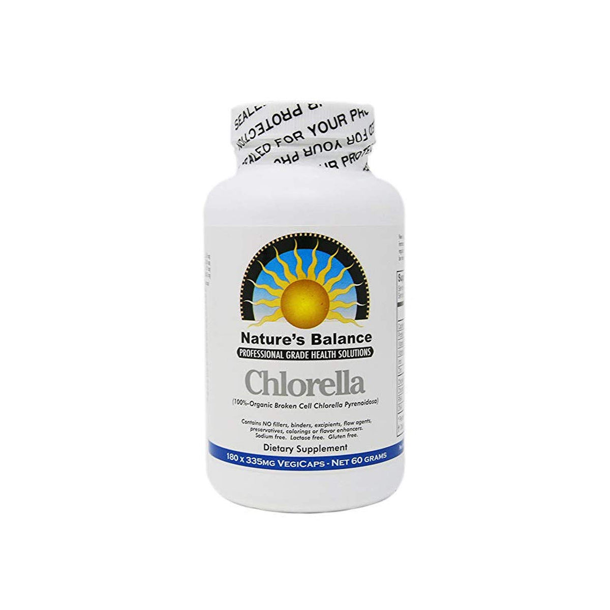 Nature's Balance envase frontal de chlorella mostrando 180 cápsulas y beneficios