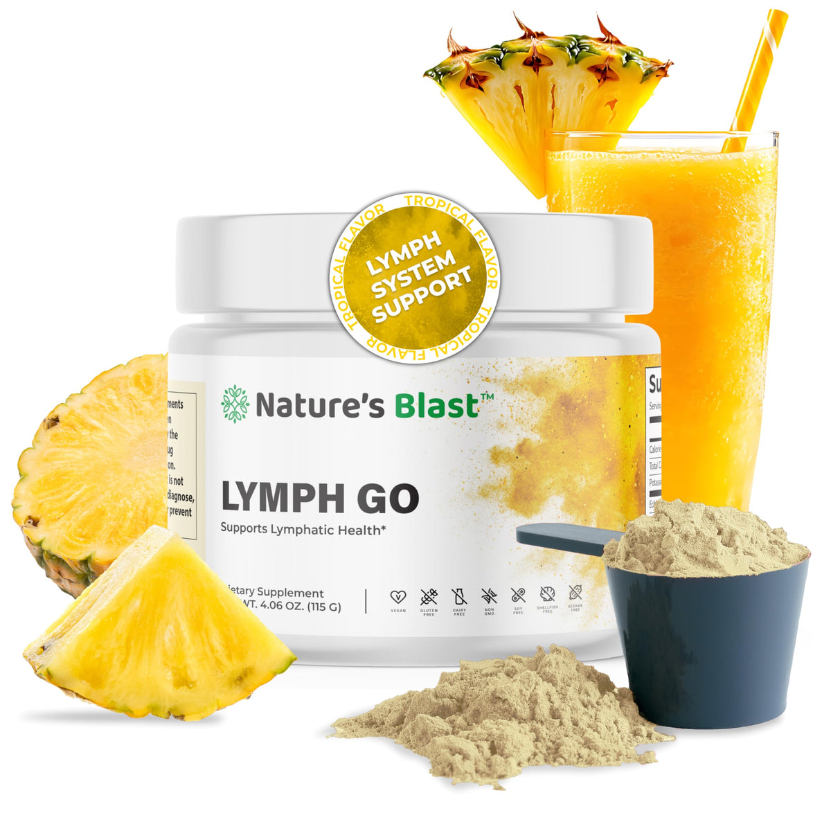 NATURES BLAST envase frontal mostrando Lymph Go y beneficio de apoyo linfático