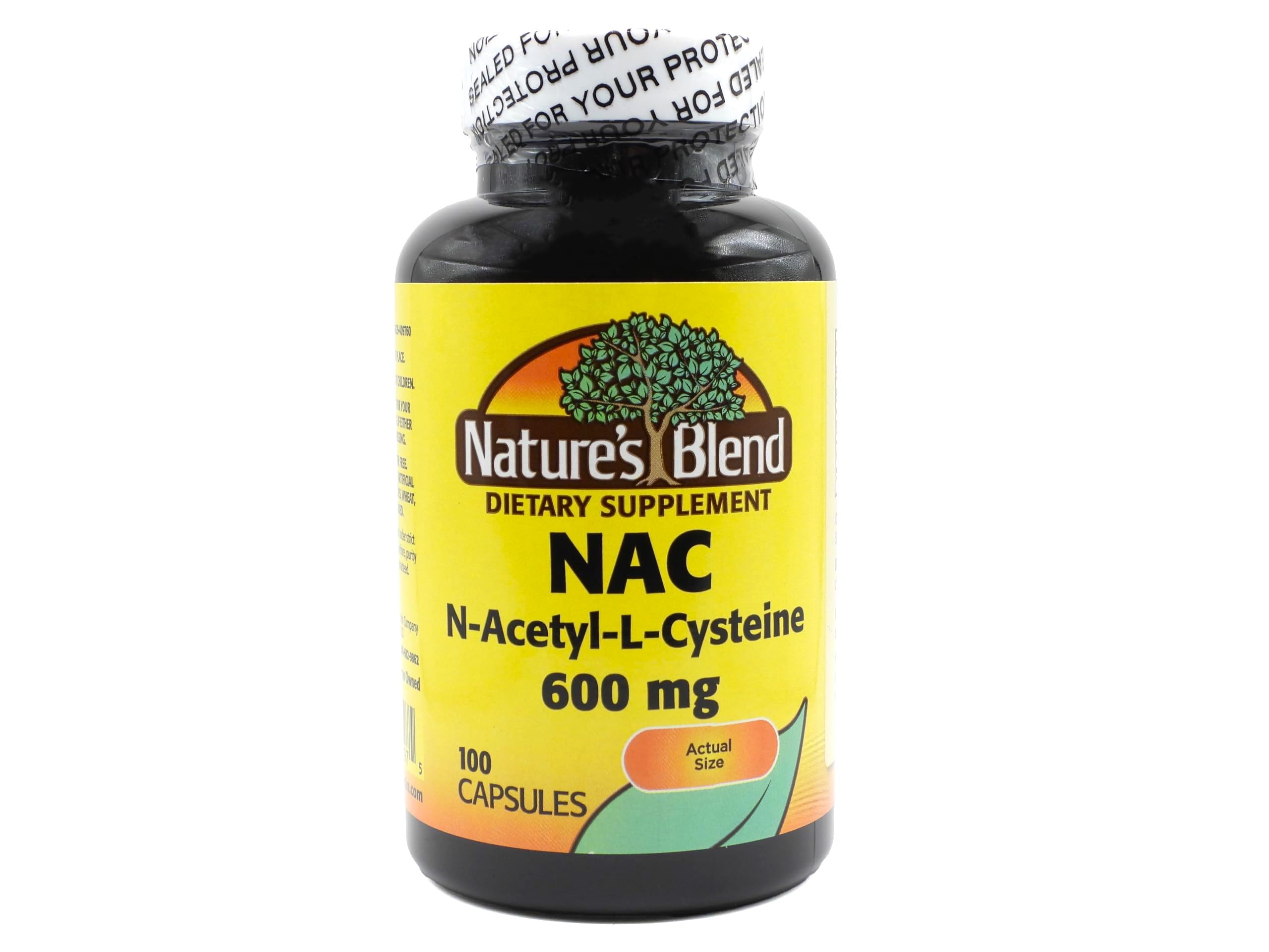 Nature's Blend frasco frontal mostrando etiqueta clara y 100 cápsulas, apoyo práctico