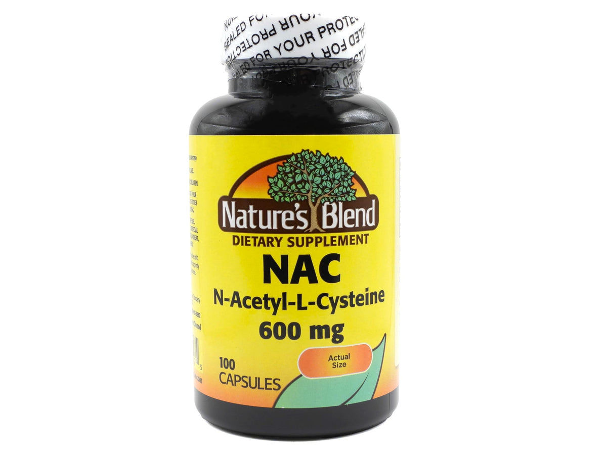 Nature's Blend frasco frontal mostrando etiqueta clara y 100 cápsulas, apoyo práctico