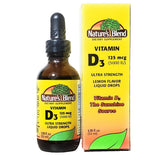 Nature's Blend frasco frontal de gotas D3 mostrando etiqueta y beneficio práctico