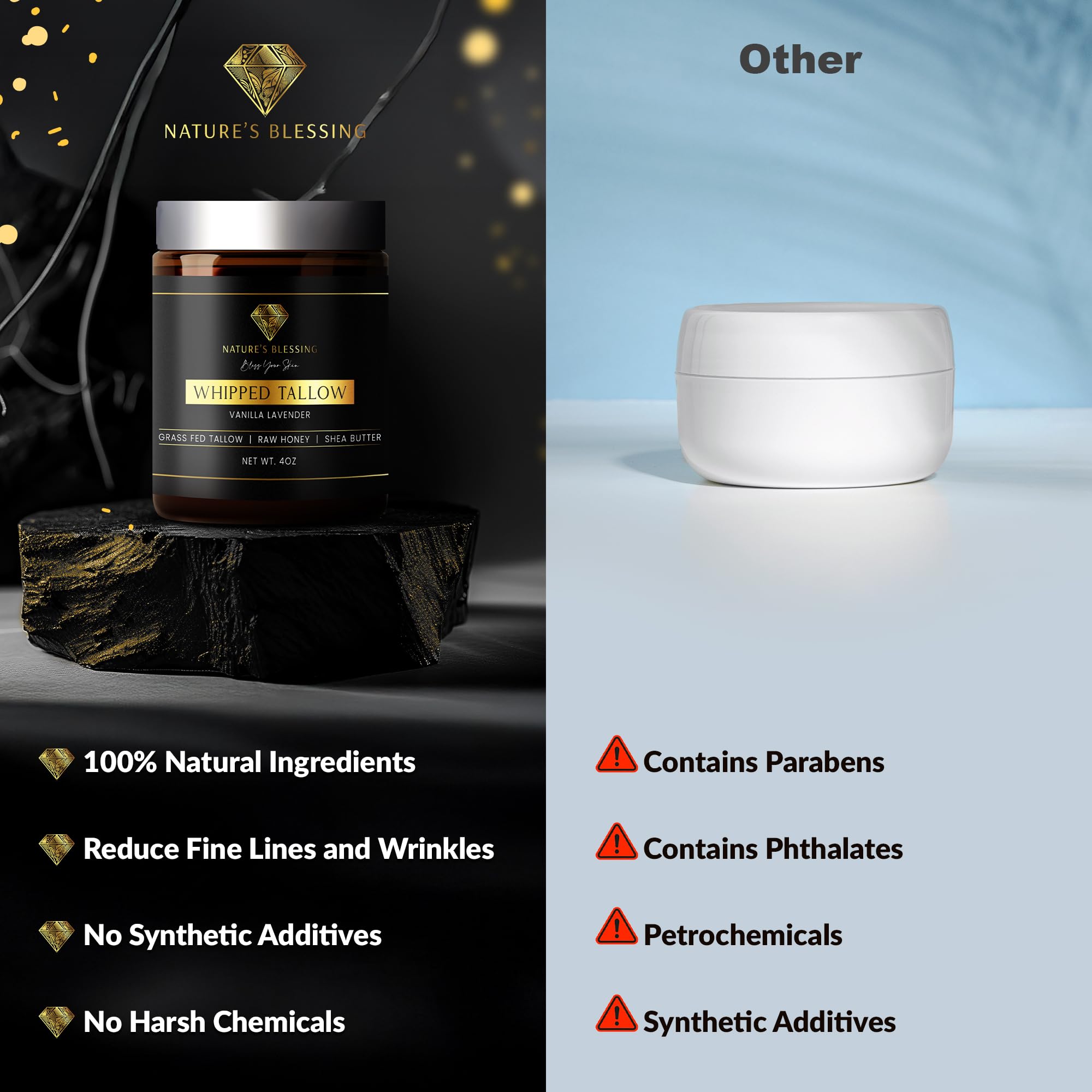 Nature's Blessing envase sobre fondo natural que sugiere ingredientes puros