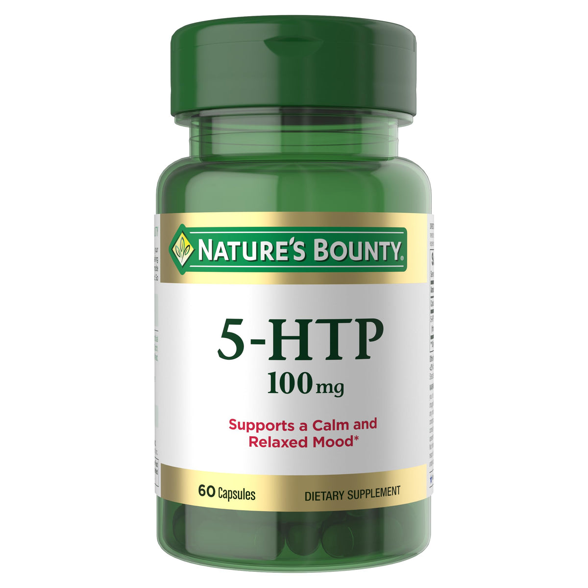 Nature's Bounty frasco frontal mostrando 5‑HTP y beneficio de apoyo al estado de ánimo