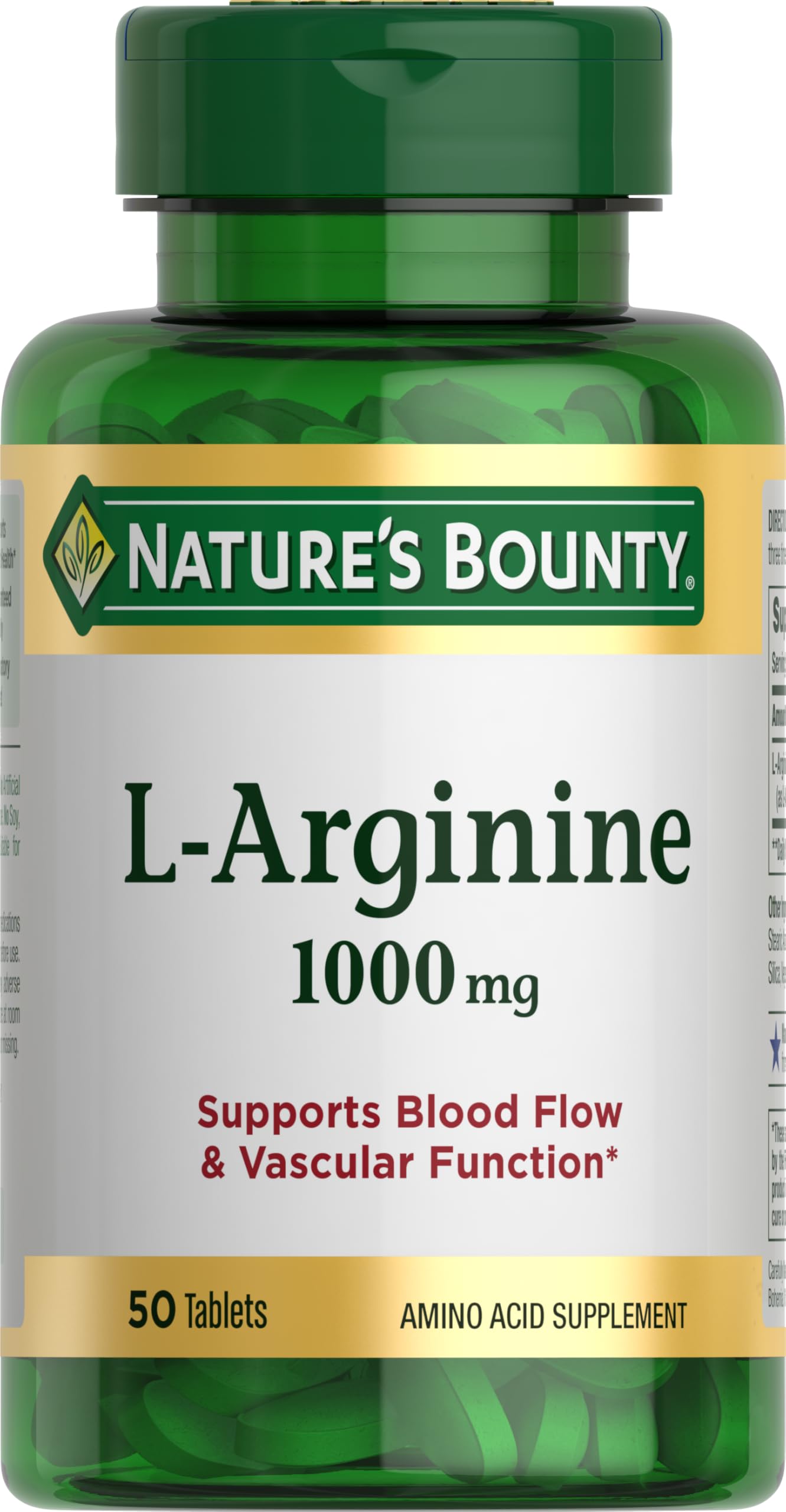 Nature's Bounty envase frontal de L-Arginine 1000 mg mostrando la marca y beneficios