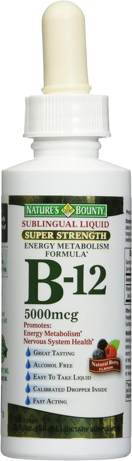 Nature's Bounty frasco frontal mostrando etiqueta clara y dosis 5000 mcg para uso práctico