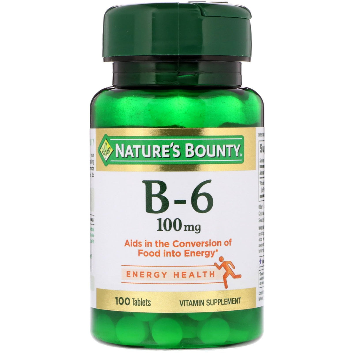 Nature's Bounty frasco frontal de vitamina B6 100 mg mostrando etiqueta y cantidad