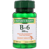 Nature's Bounty frasco frontal de vitamina B6 100 mg mostrando etiqueta y cantidad