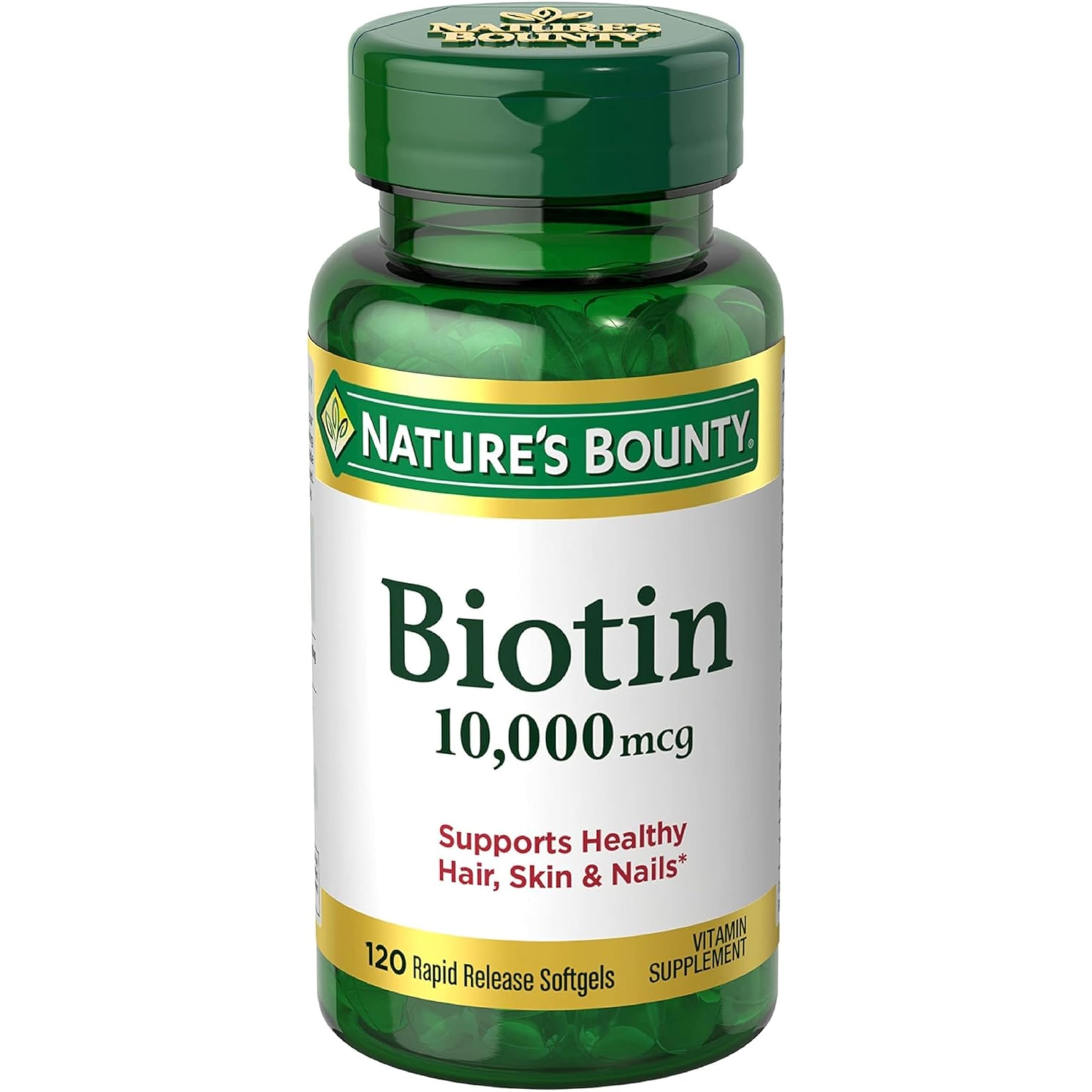 Nature's Bounty frasco frontal mostrando 120 softgels y beneficio de dosificación alta