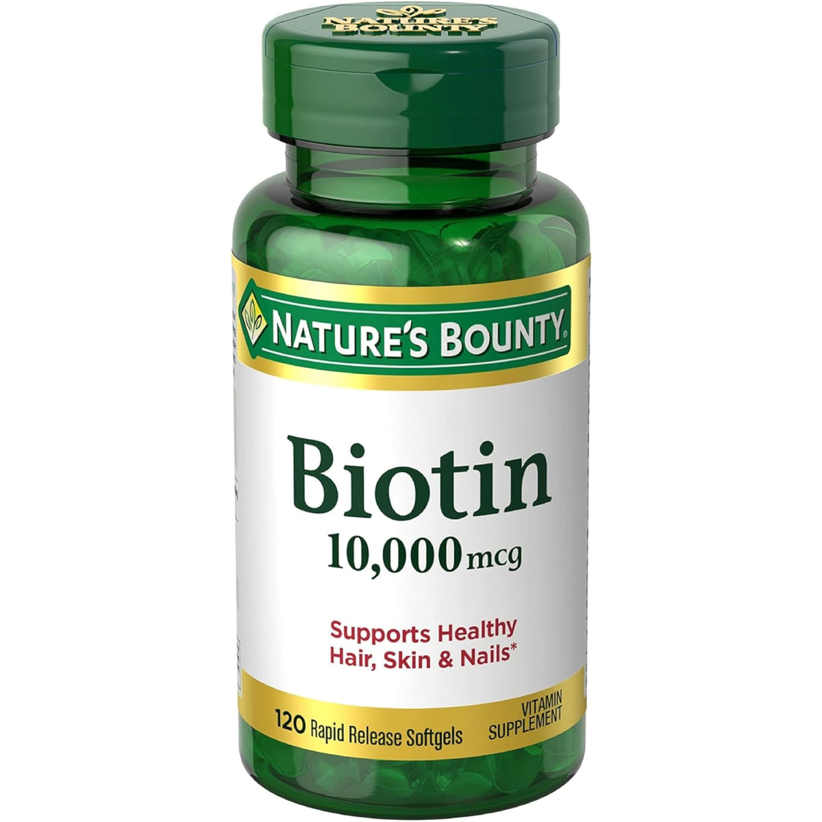 Nature's Bounty frasco frontal mostrando 120 softgels y beneficio de dosificación alta