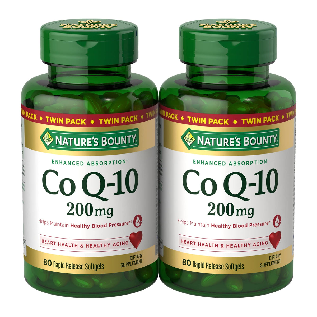 Nature's Bounty envase frontal CoQ10 200 mg mostrando cantidad y beneficios