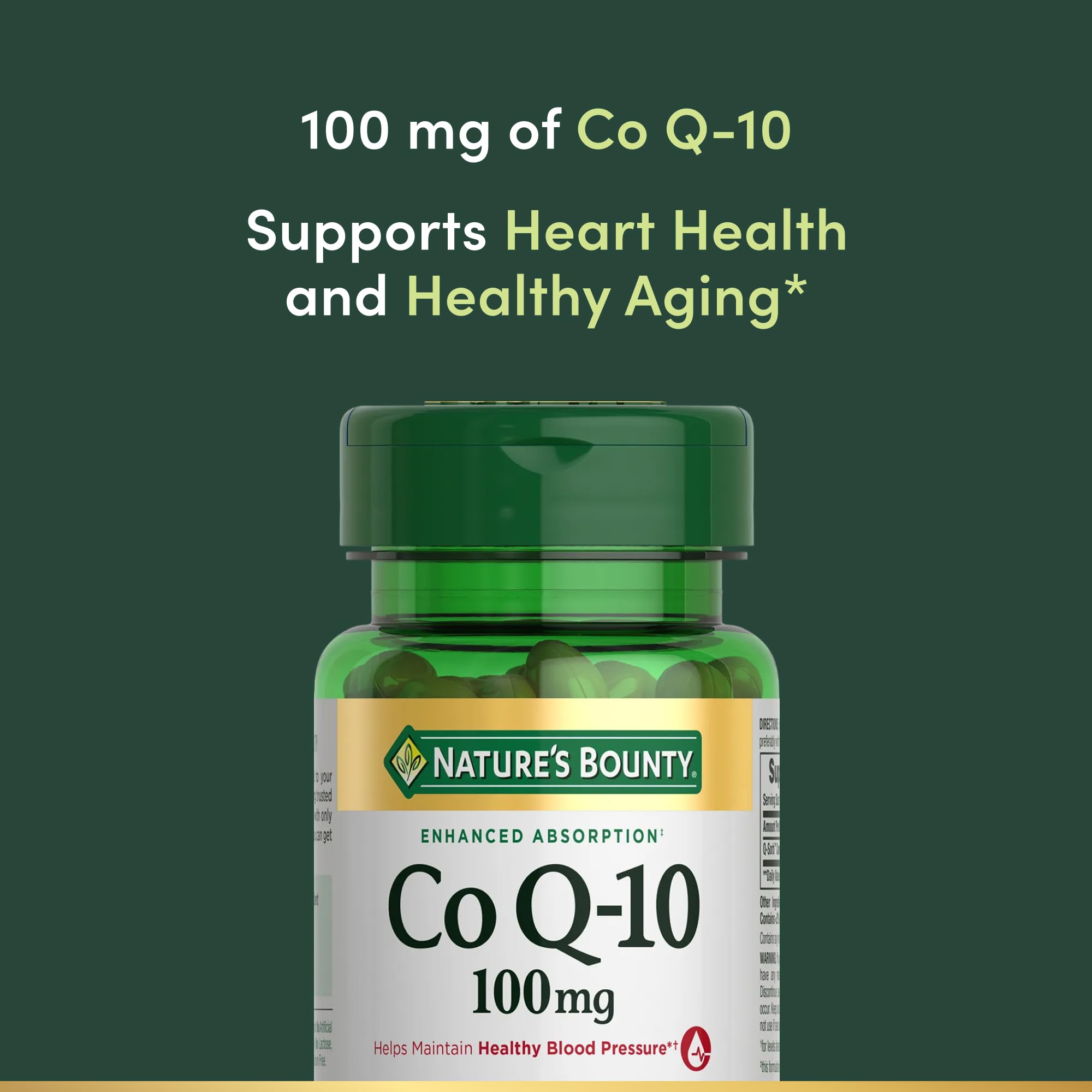 Nature's Bounty close-up del aceite de CoQ10 destacando pureza y eficacia