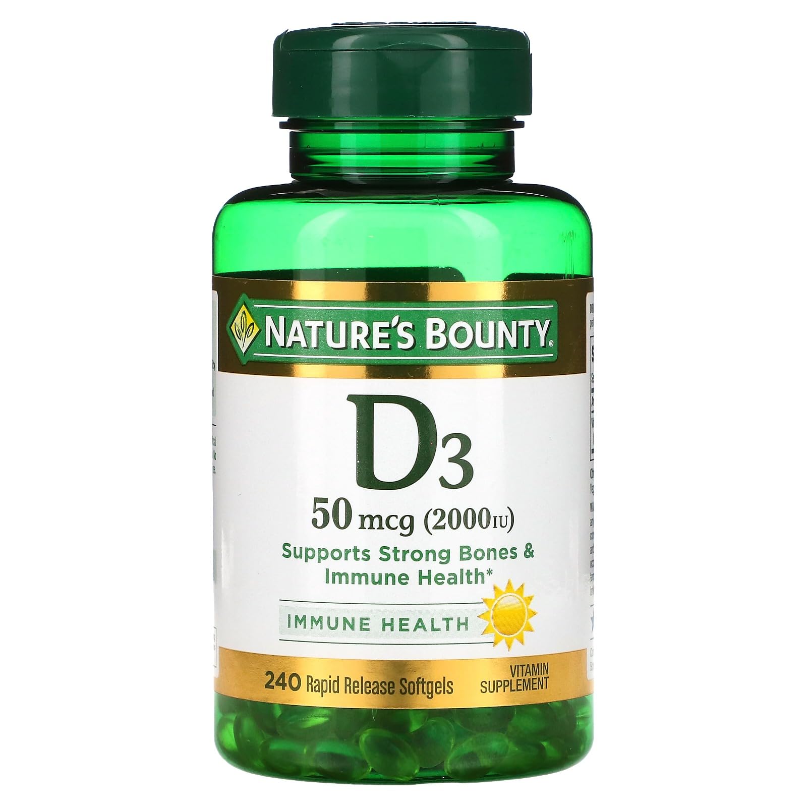 Nature's Bounty frasco frontal mostrando etiqueta y cantidad, práctico para control de dosis