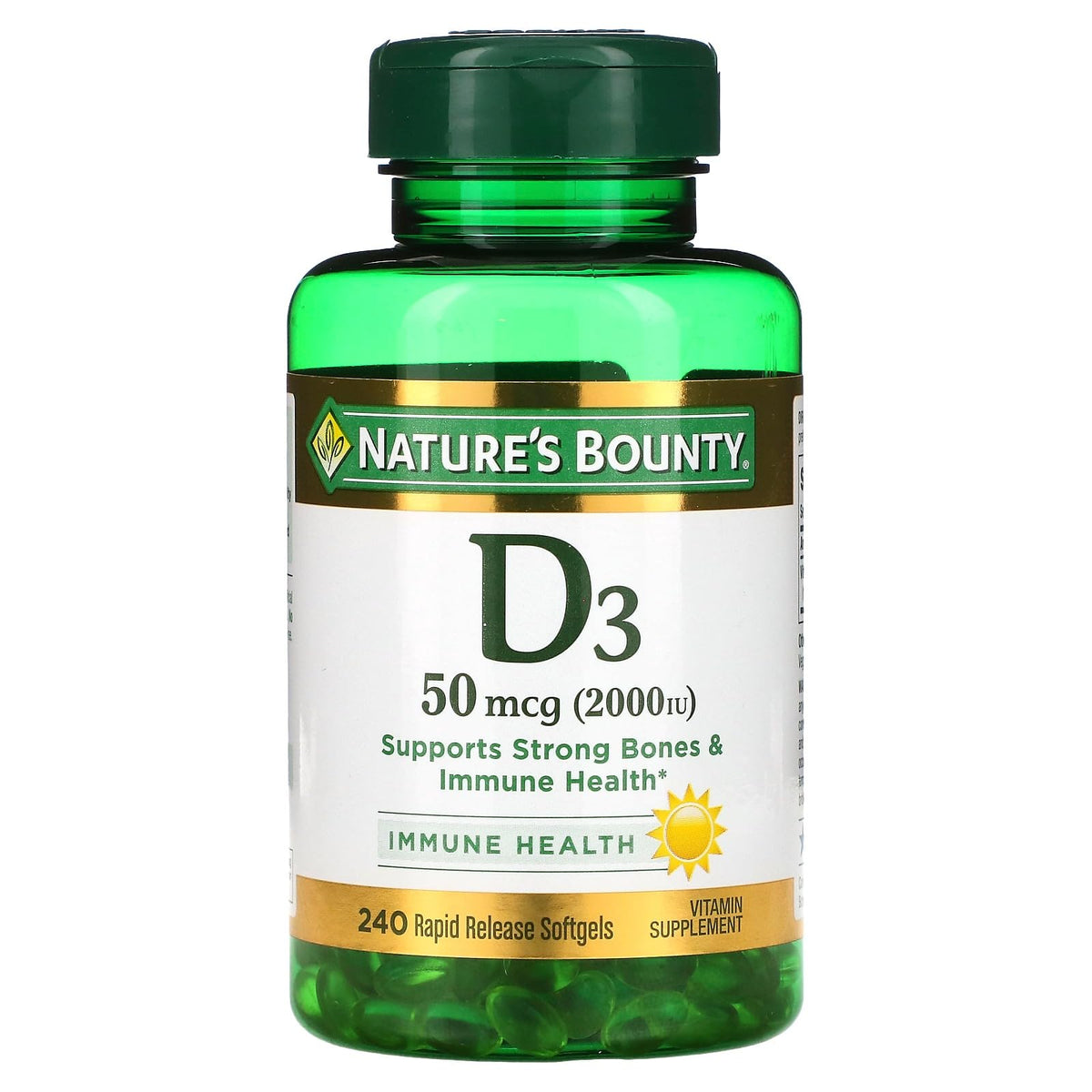 Nature's Bounty frasco frontal mostrando etiqueta y cantidad, práctico para control de dosis