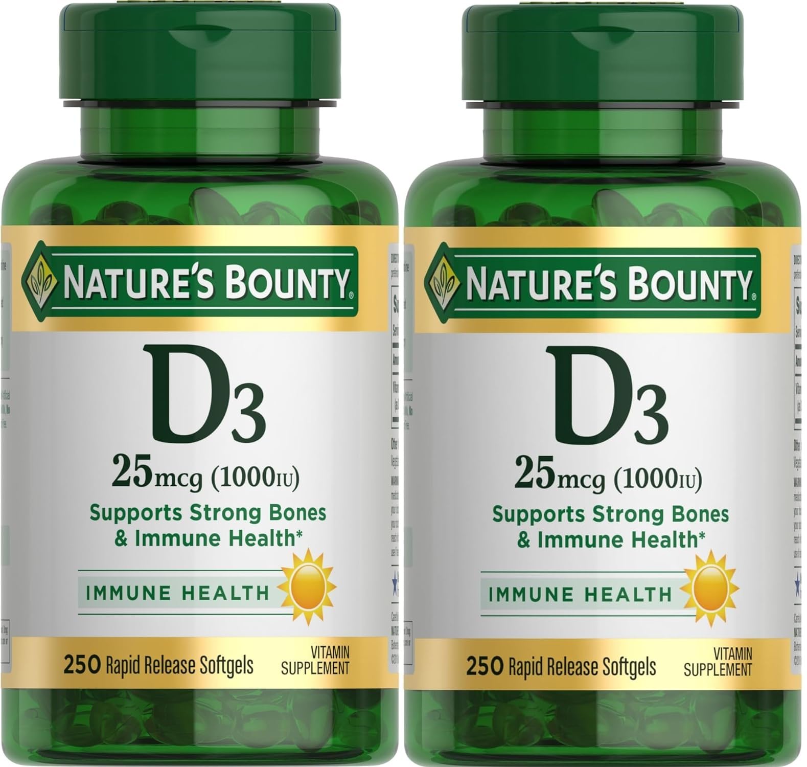 Nature's Bounty frasco frontal mostrando vitamina D3 y conveniencia