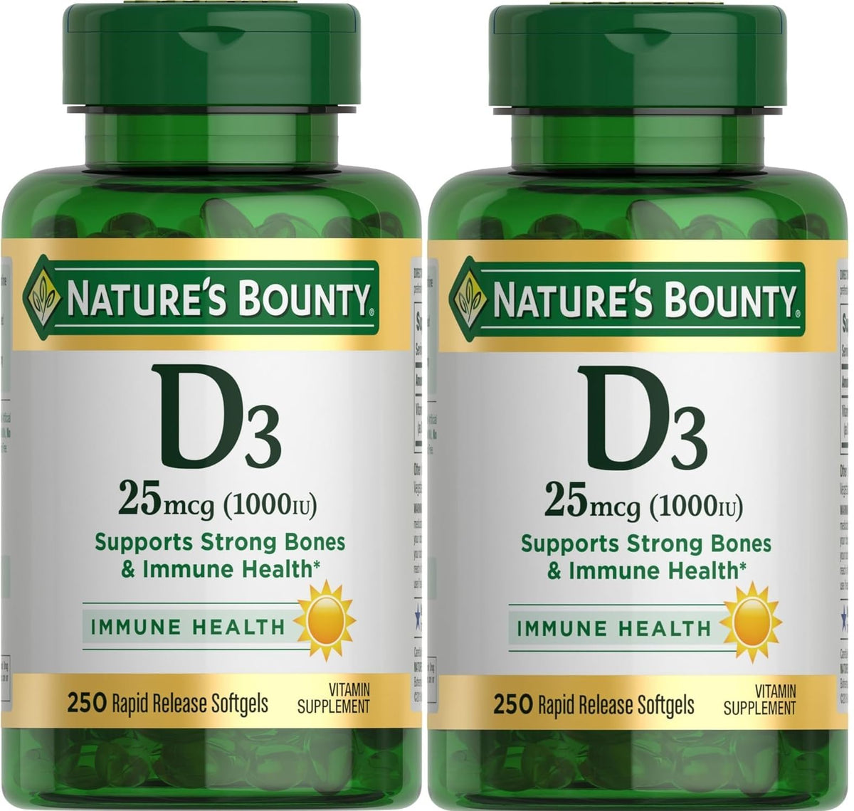 Nature's Bounty frasco frontal mostrando vitamina D3 y conveniencia