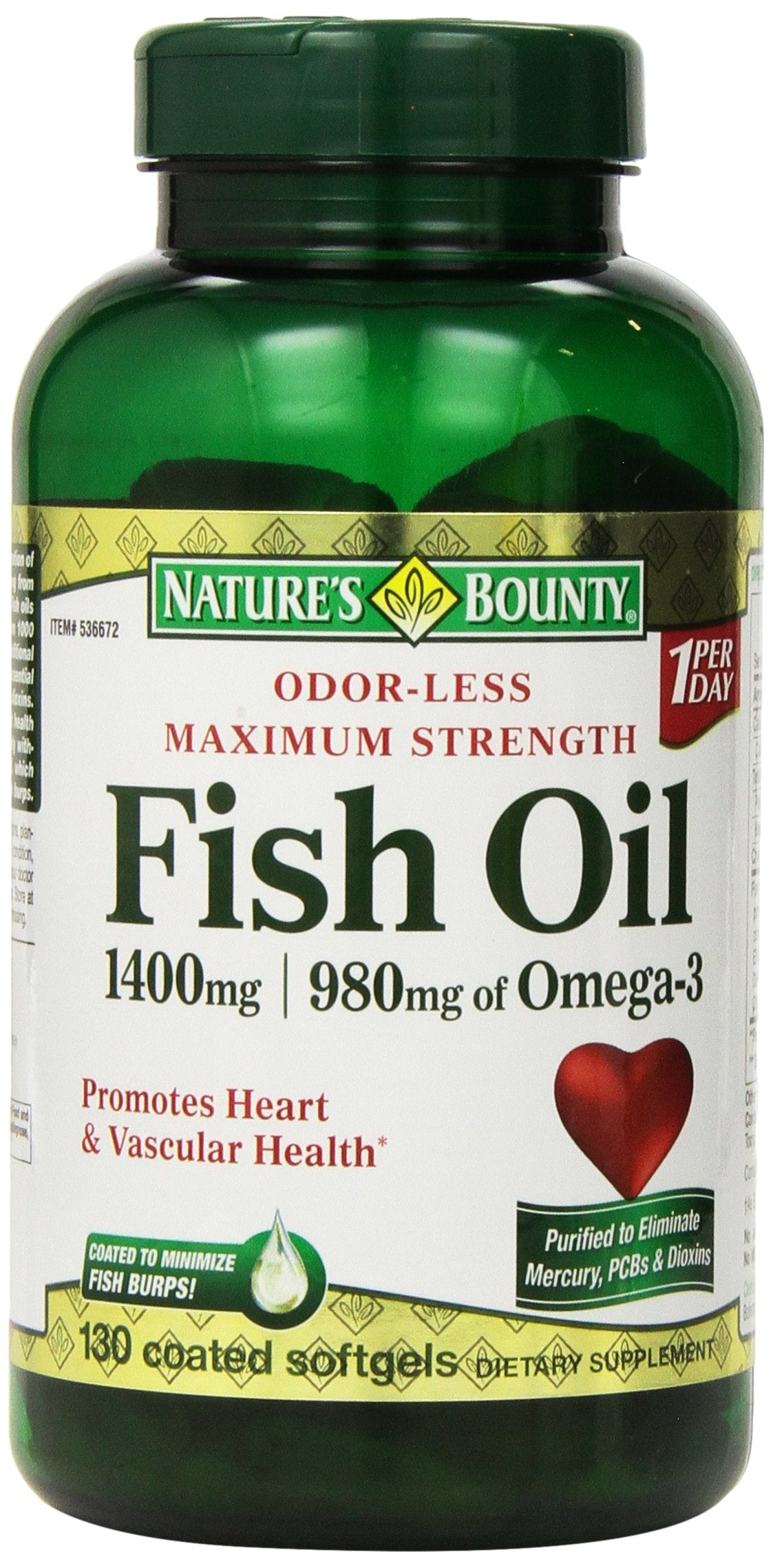 Nature's Bounty frasco frontal mostrando 130 softgels y etiqueta clara
