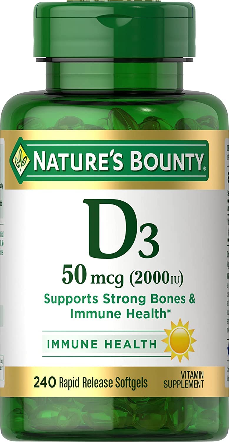 Nature's Bounty frasco frontal mostrando el producto y beneficios de facilidad