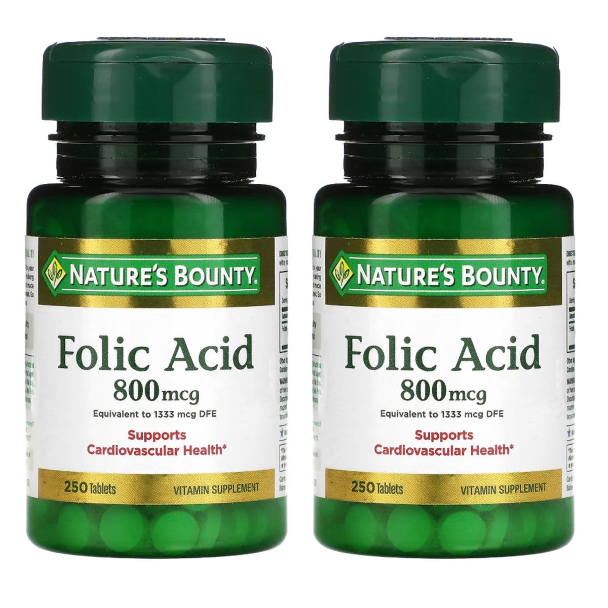 Nature's Bounty empaque frontal mostrando ácido fólico 800 mcg y cantidad