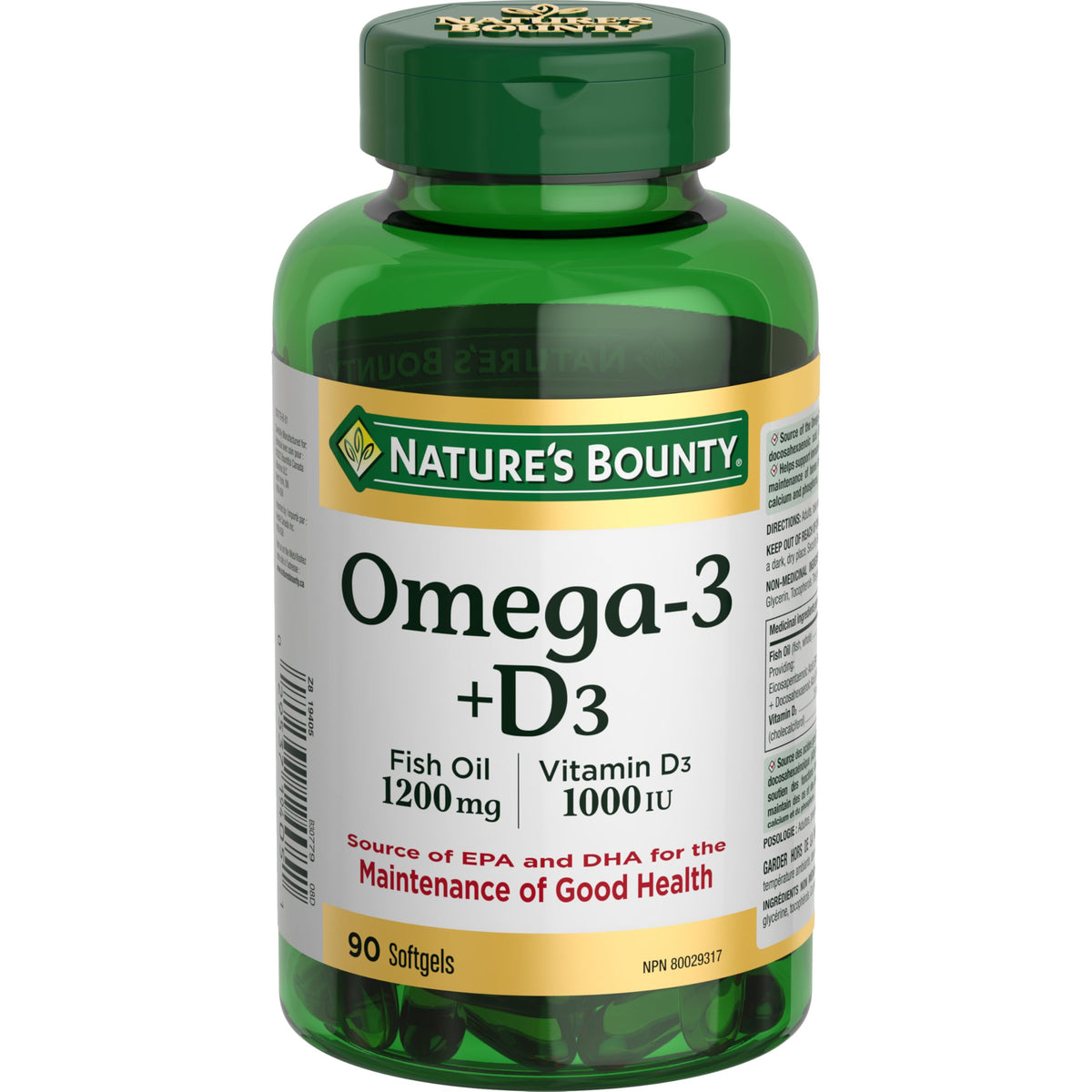 Nature's Bounty frente del envase mostrando 90 softgels y beneficios claros