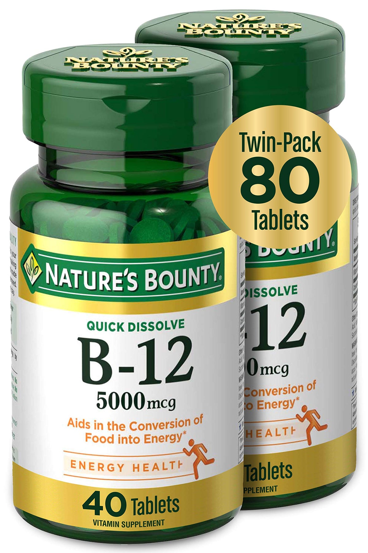 Nature's Bounty caja frontal mostrando tabletas B12 y beneficio conveniencia