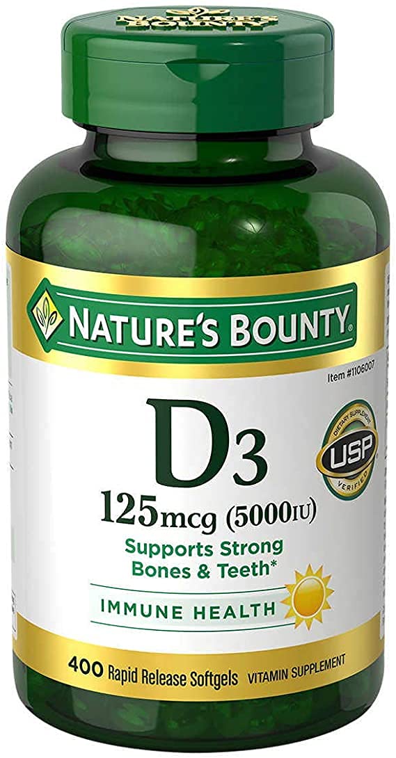 Nature's Bounty envase frontal de Vitamin D3 5000 IU para ingesta diaria fácil
