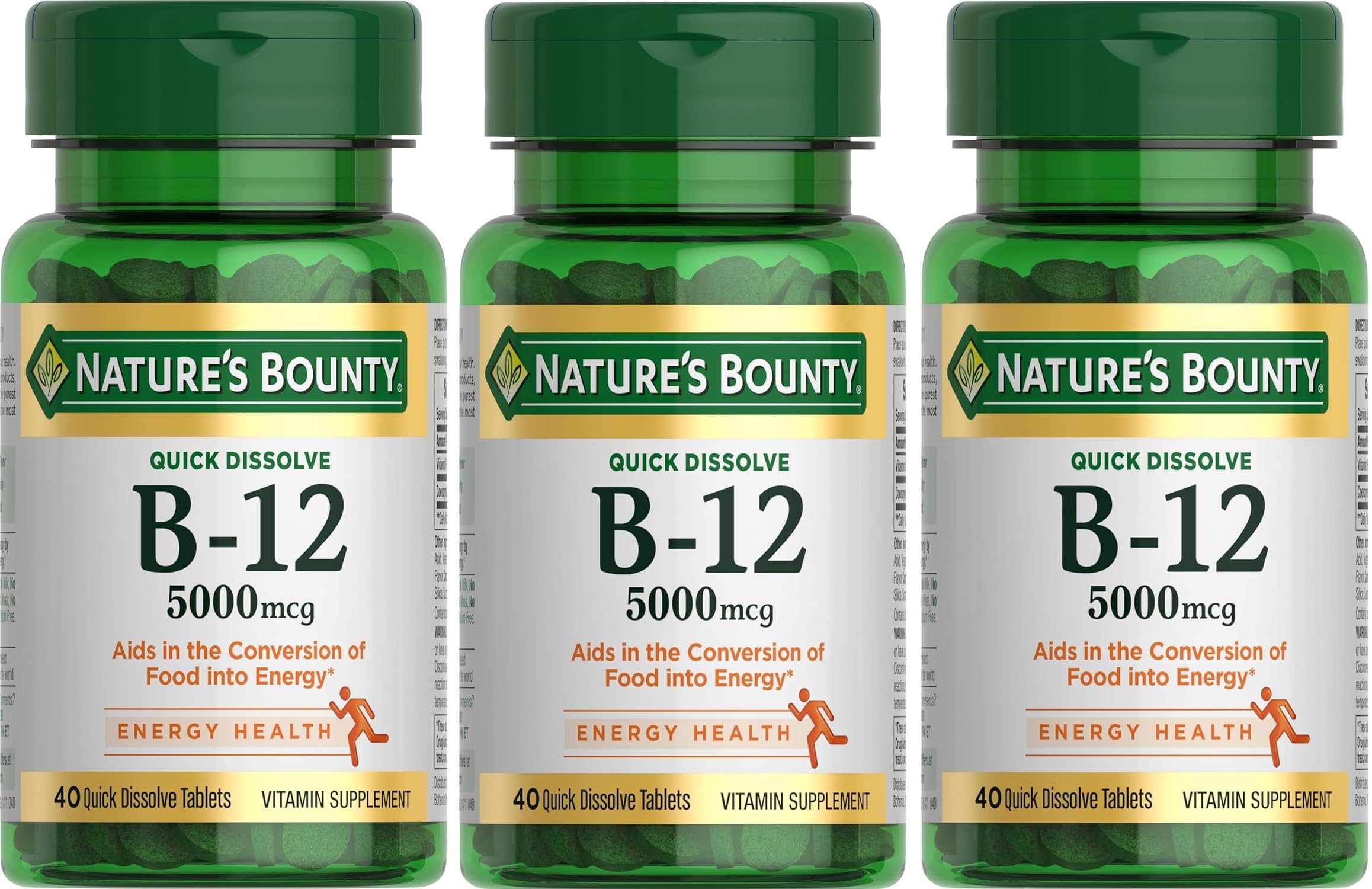 Nature's Bounty frontal del empaque mostrando 5000 mcg y pack de 3, conveniencia