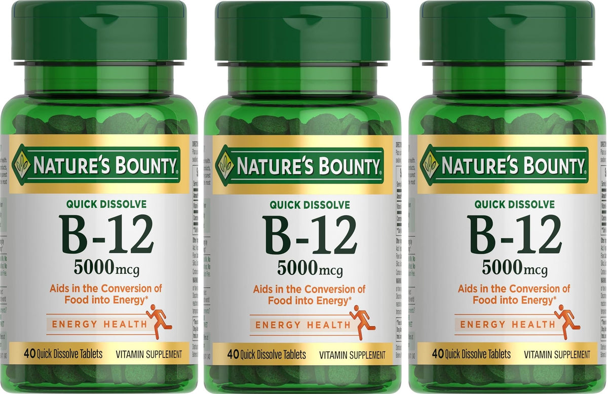Nature's Bounty frontal del empaque mostrando 5000 mcg y pack de 3, conveniencia