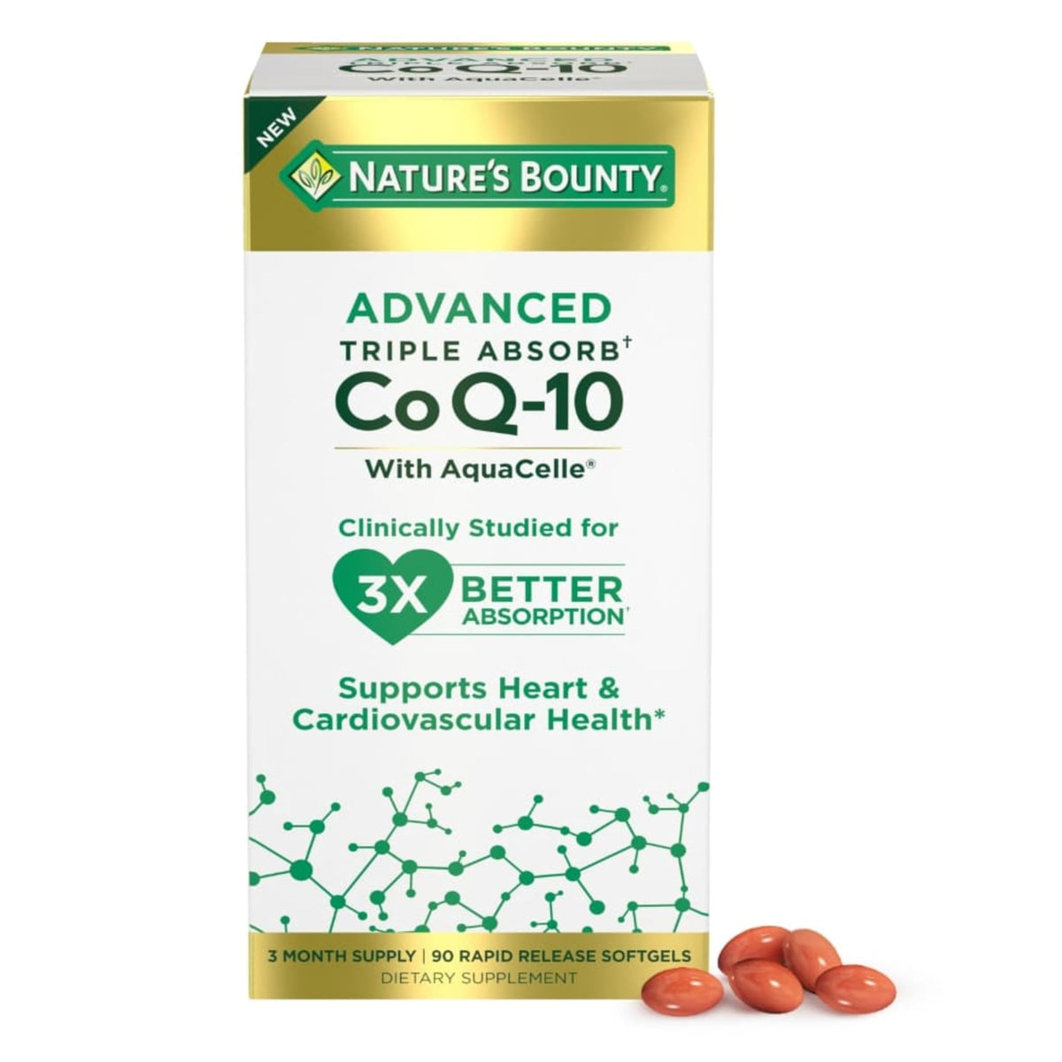 Nature's Bounty frasco frontal de Co Q-10 mostrando el envase y dosis clara