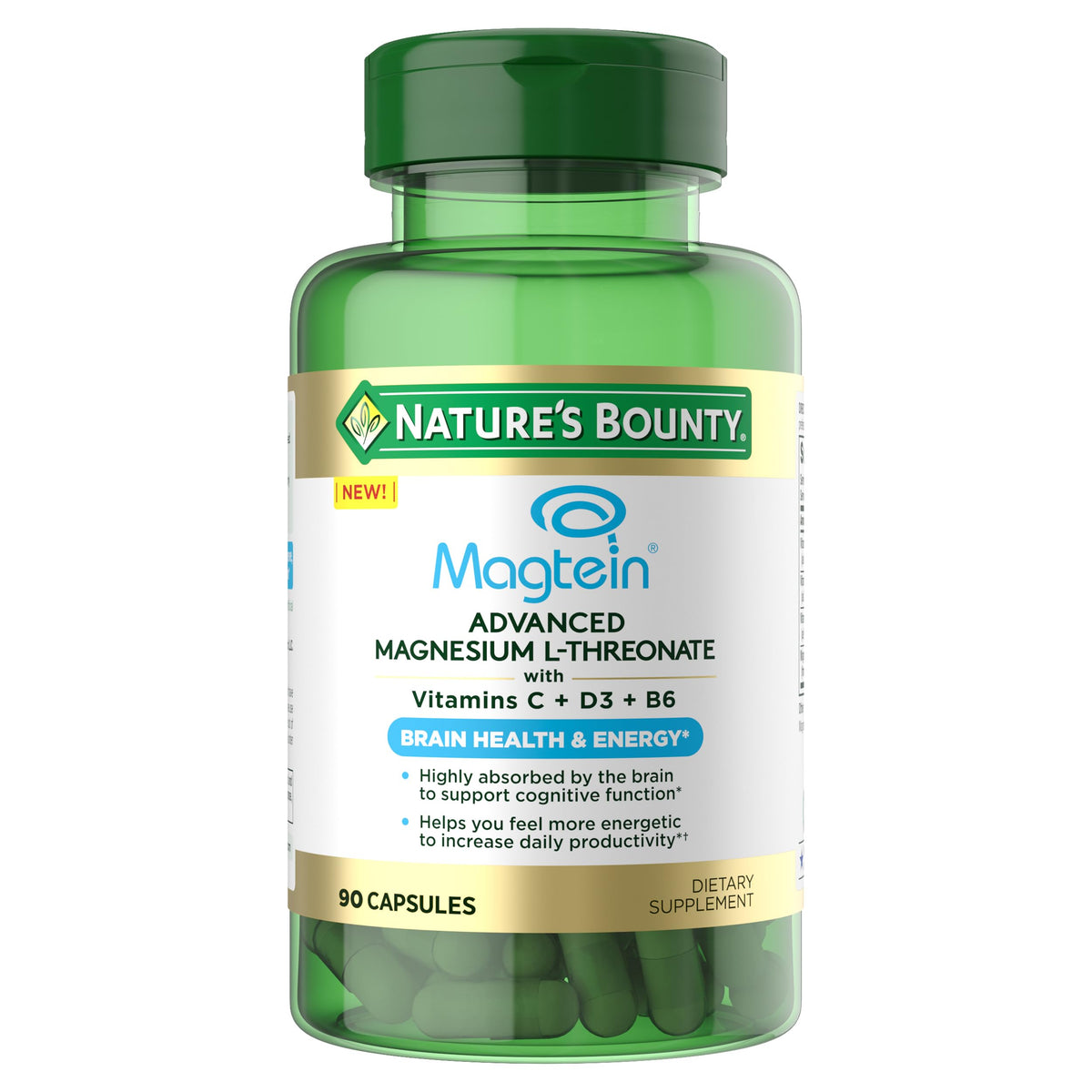 Nature's Bounty vista frontal del envase mostrando 90 cápsulas y beneficios