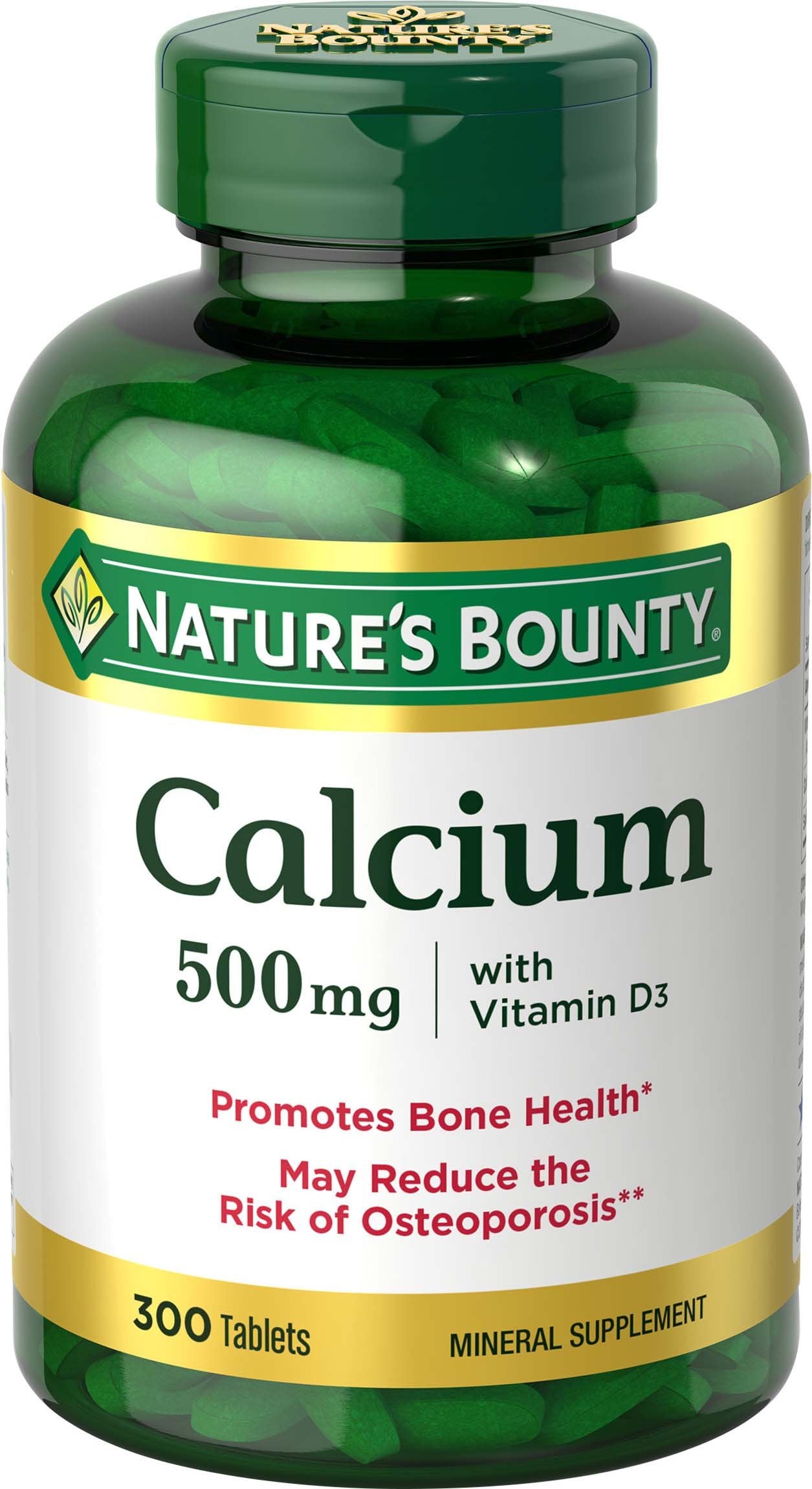 Nature's Bounty vista frontal del frasco mostrando cantidad y beneficio óseo