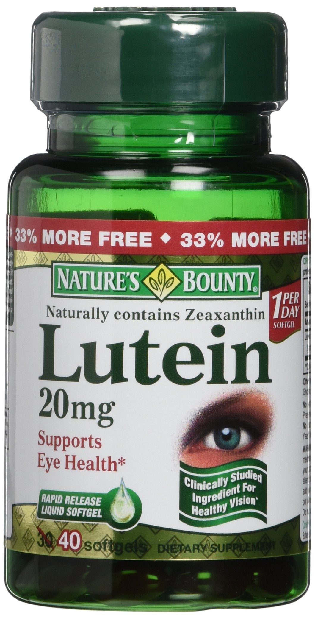 Nature's Bounty frasco frontal mostrando softgels y beneficio soporte ocular