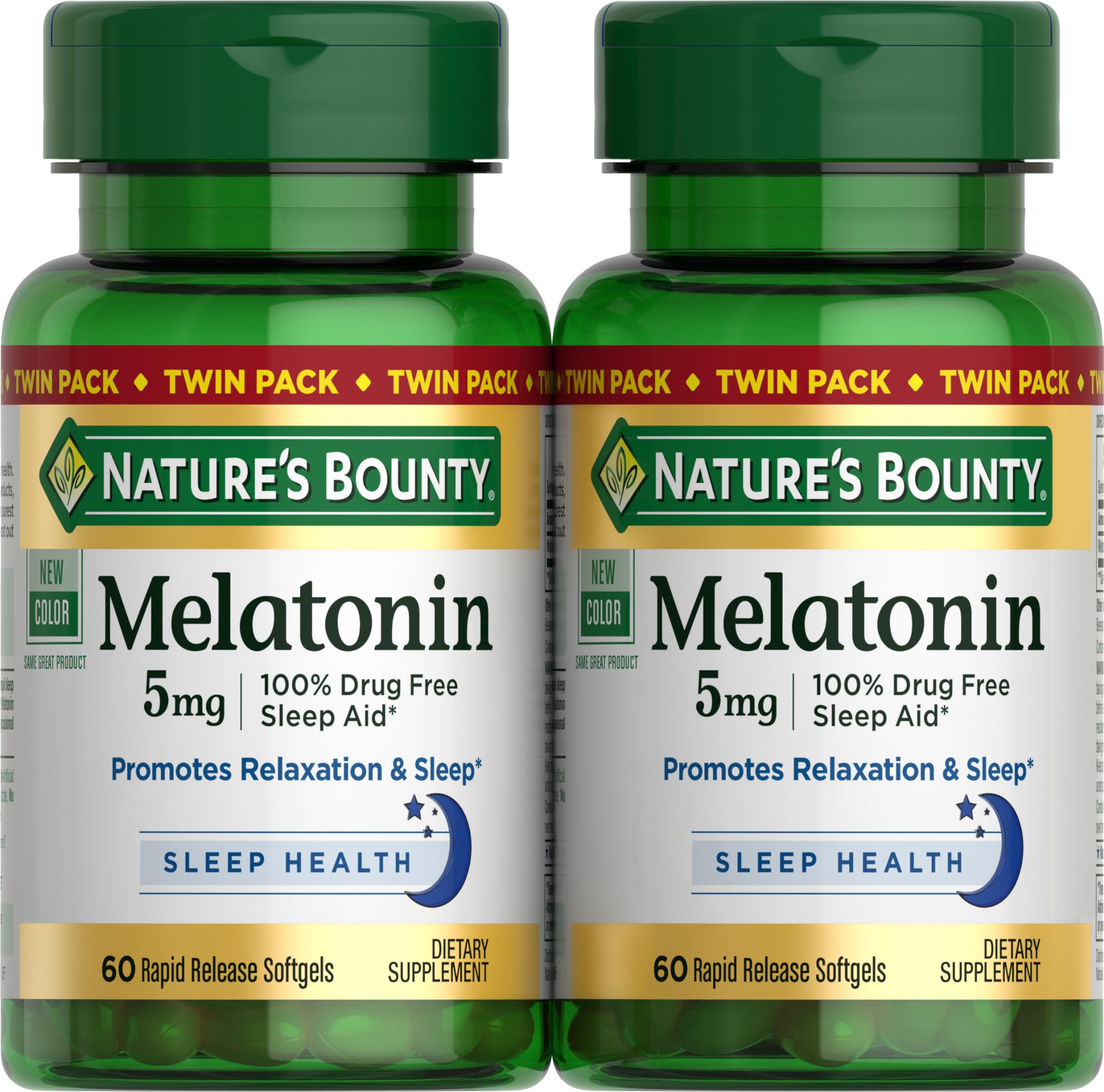 Nature's Bounty frasco frontal mostrando melatonina 5 mg, presentación twin pack