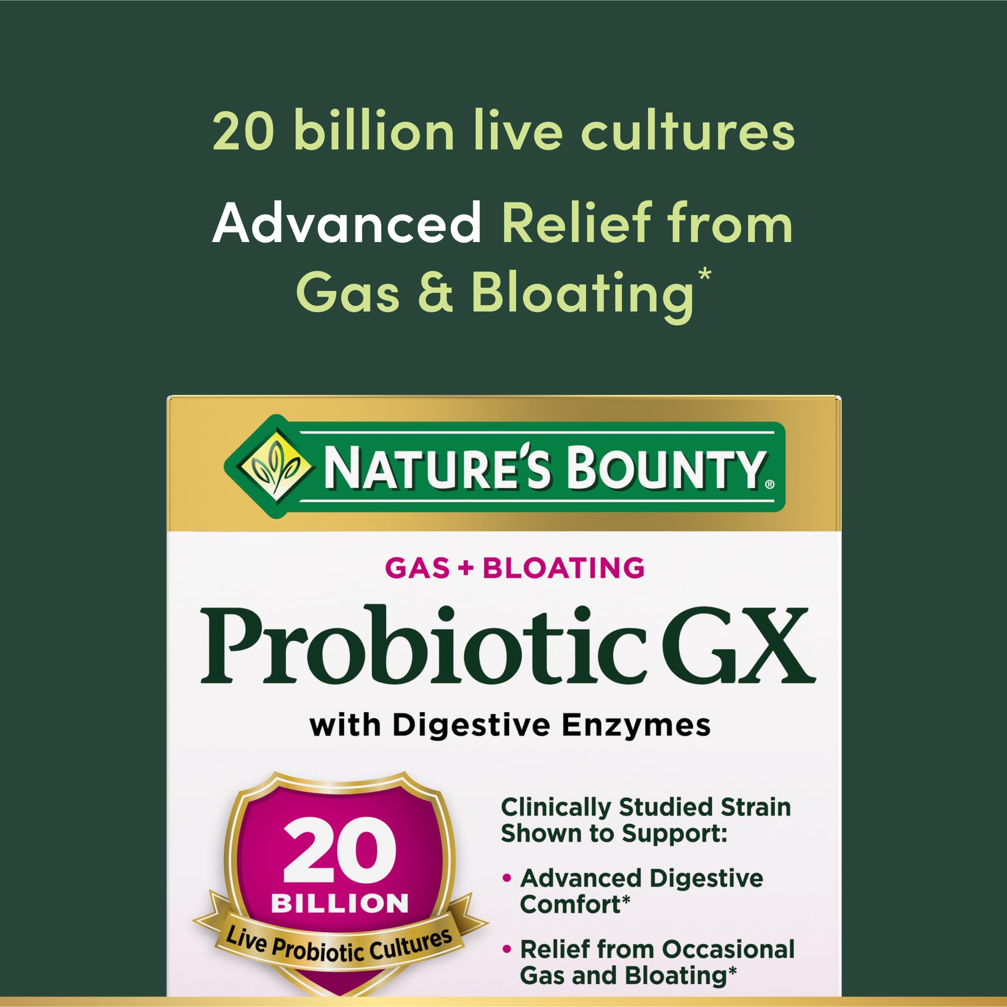 Nature's Bounty etiqueta close-up destacando Lactobacillus plantarum 299v y respaldo clínico