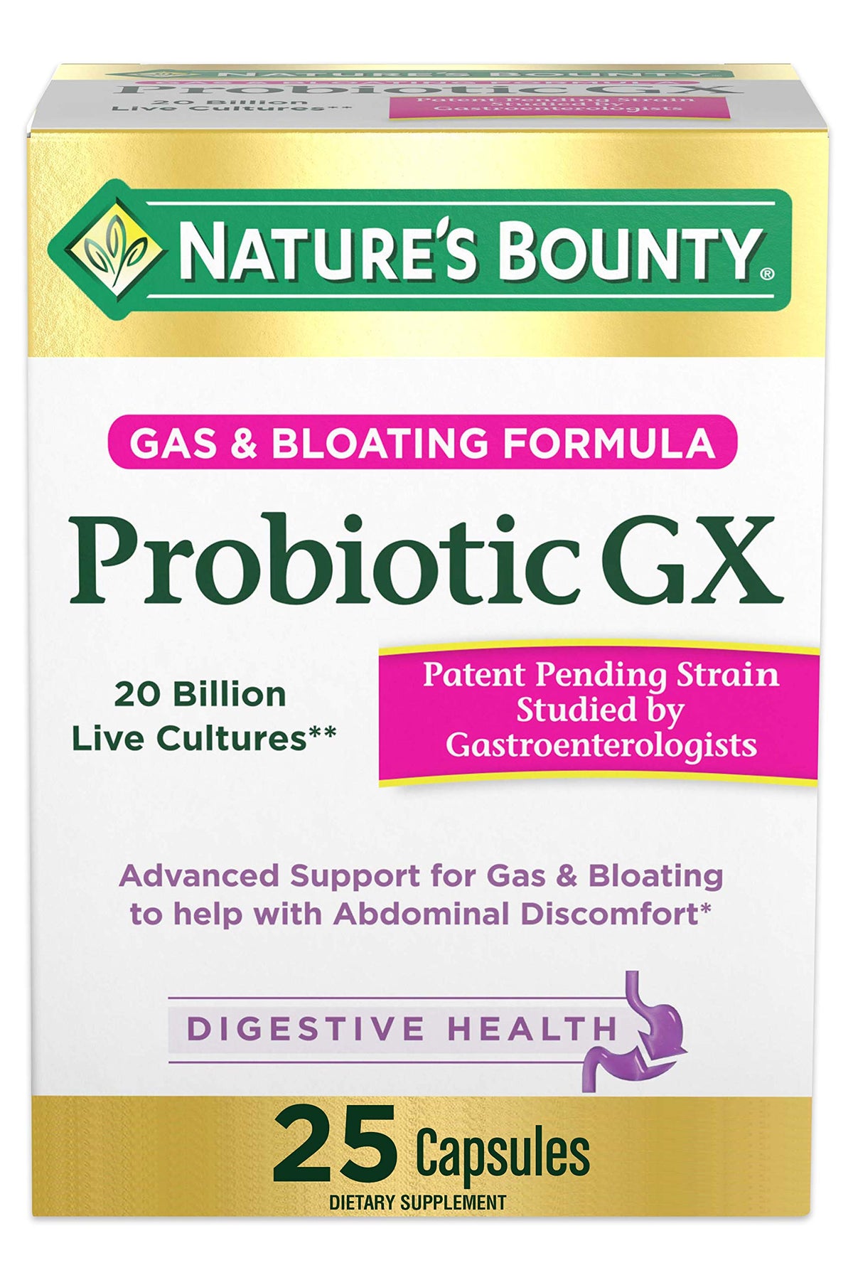 Nature's Bounty frasco Probiotic GX frontal mostrando etiqueta informativa y beneficio digestivo