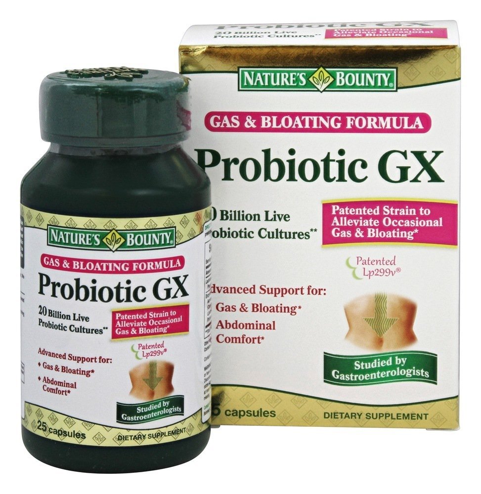 Nature's Bounty frasco frontal del Probiotic GX mostrando etiqueta clara y beneficios