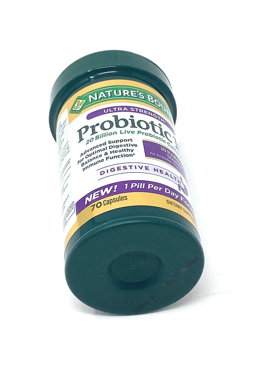 Nature's Bounty etiqueta con lista de cepas y ventajas de diversidad probiótica
