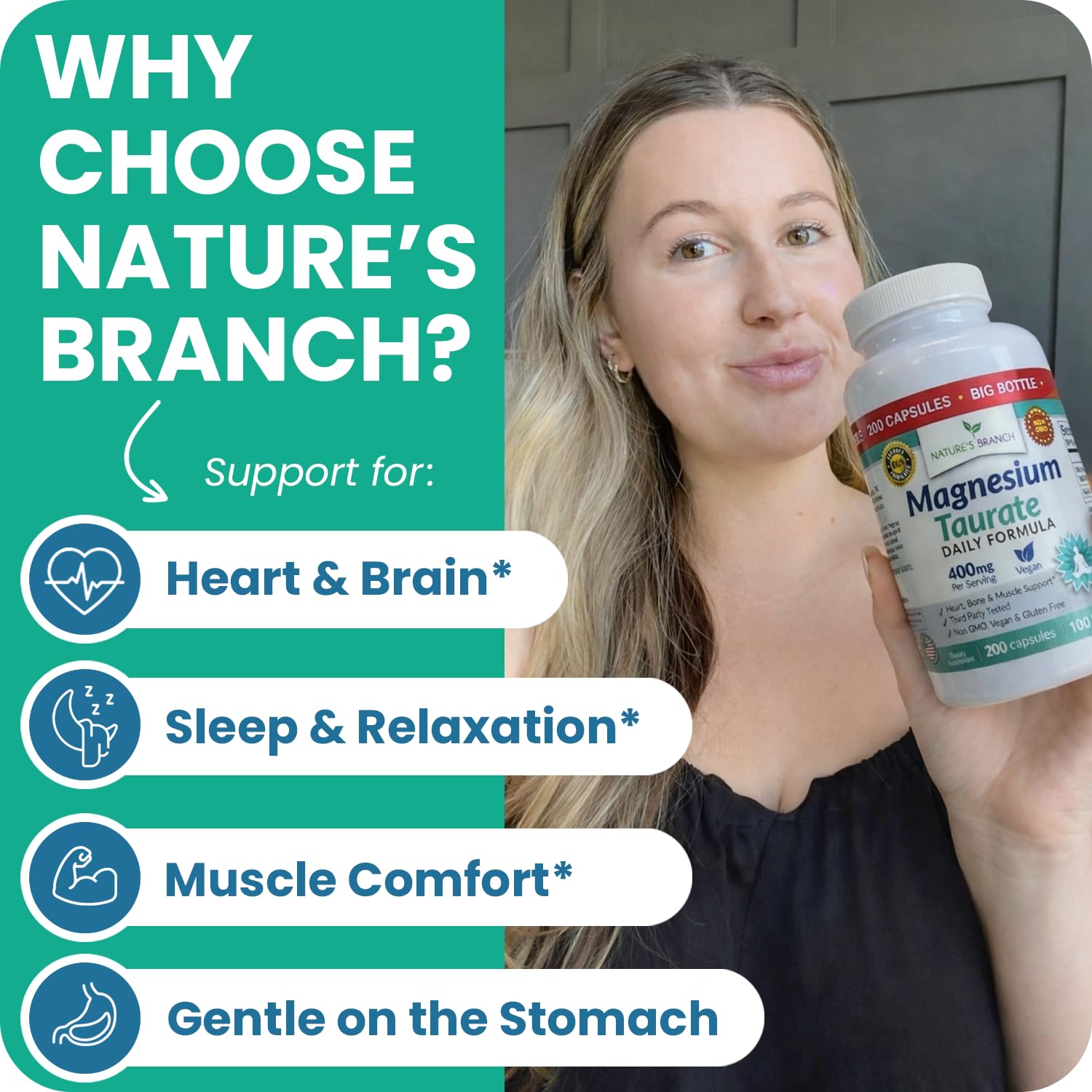 Nature's Branch cápsula en mano para comparar tamaño y facilidad de uso