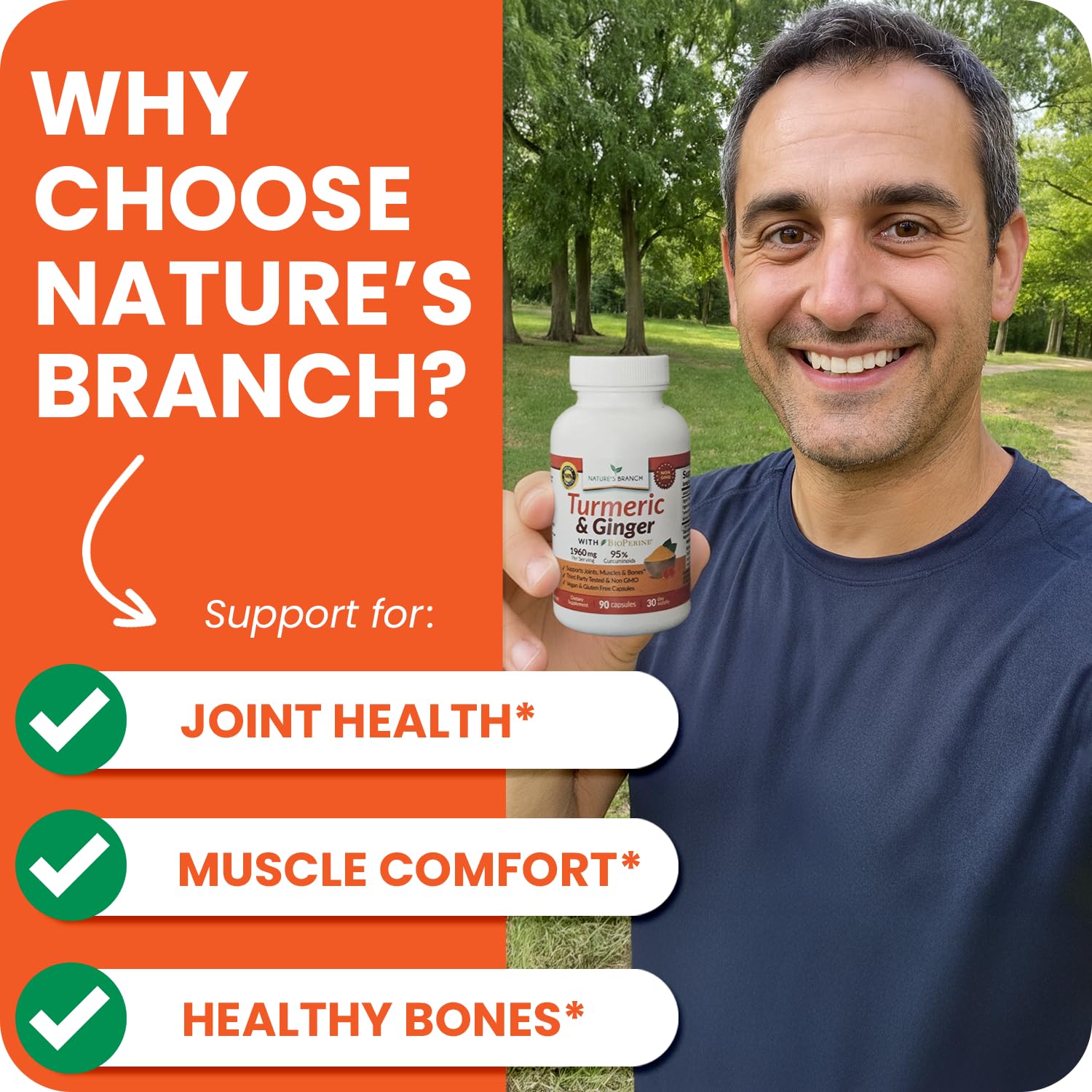 NATURE'S BRANCH cápsulas en mano para mostrar dosificación y uso práctico