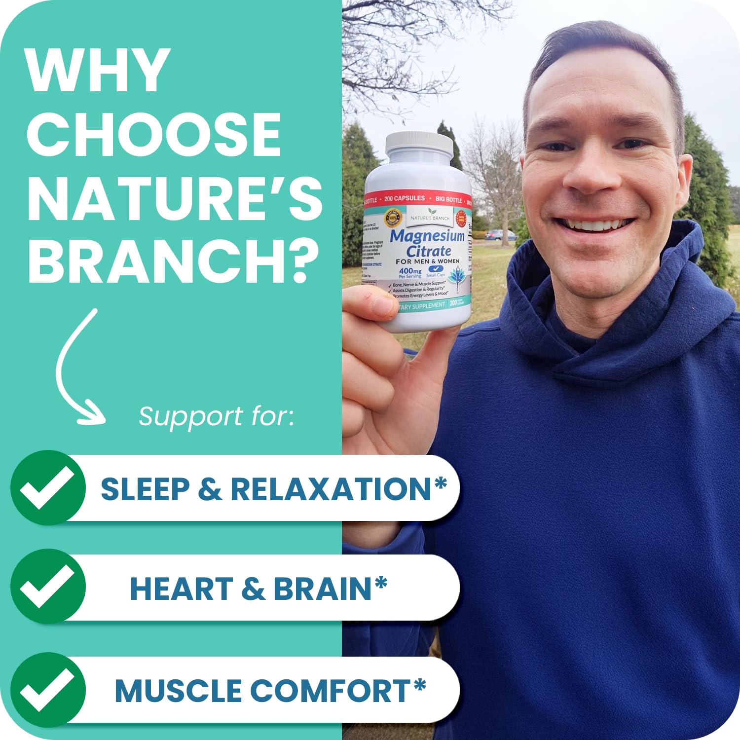 NATURE'S BRANCH detalle de la etiqueta con información de 400 mg, transparencia