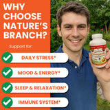 Nature's Branch etiqueta con sello UDAF y certificaciones visibles
